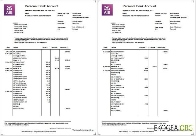 Relevé de compte Ireland Allied Irish Banks (AIB) Modèle Word et PDF, 2 pages